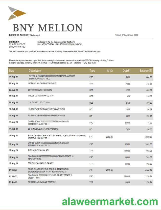 BNY Mellon Bank company checking account statement Word and PDF template